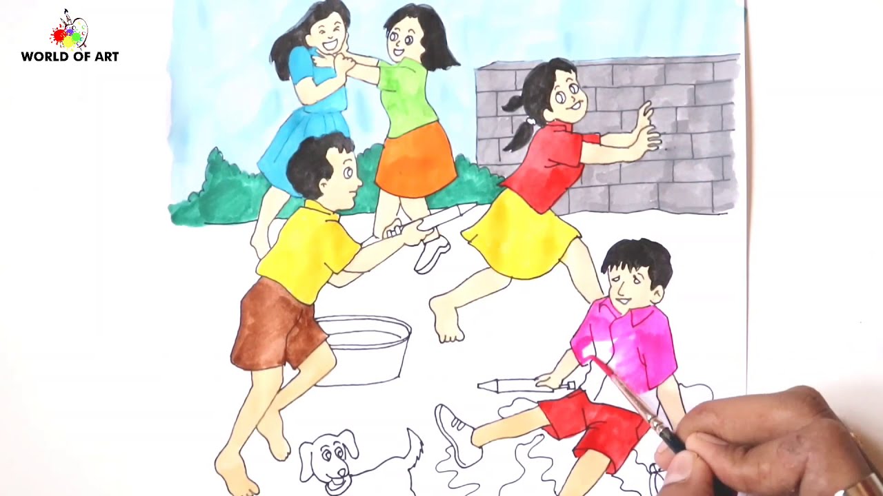 how to draw holi scene step by step | Holi festival scenery drawing | poster drawing