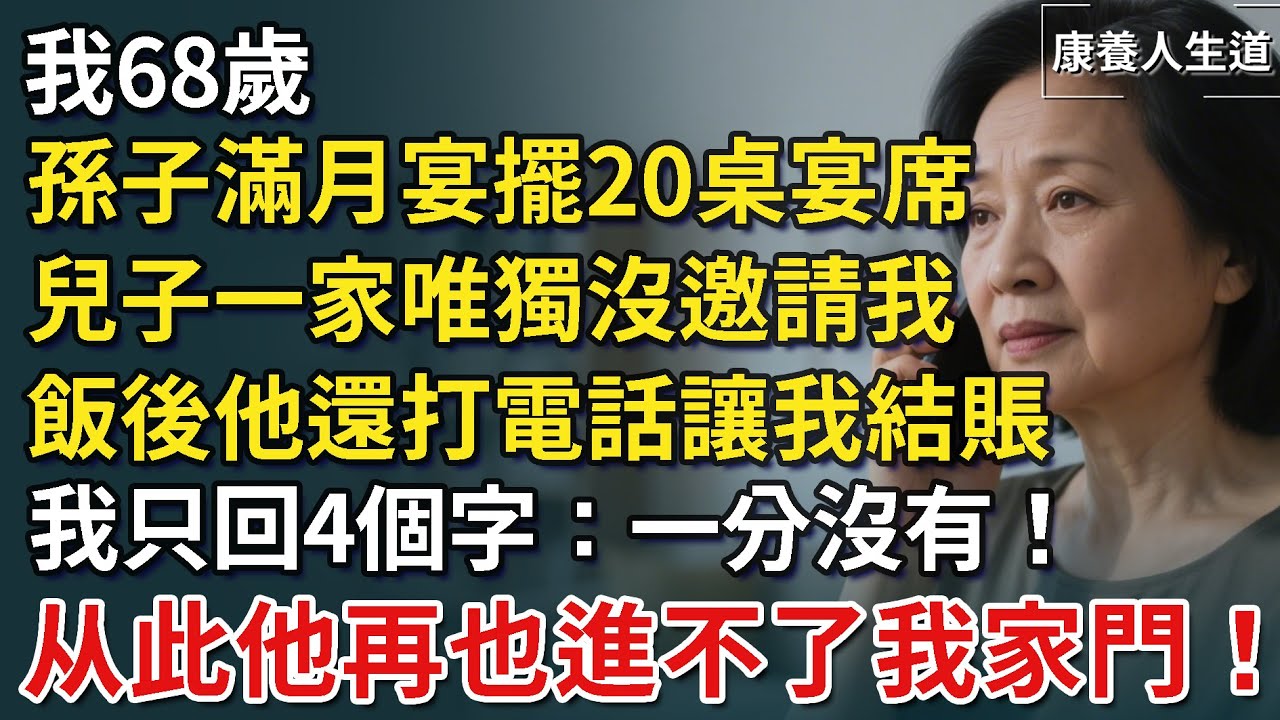 我68歲，孫子滿月宴擺20桌宴席，兒子一家卻沒人邀請我，飯後他還打電話讓我結賬，我笑著說出：一分沒有！从此他再也進不了我家門！【康養人生道】 #康養人生道 #上了年紀該明白的事 #養老 #聰明老人