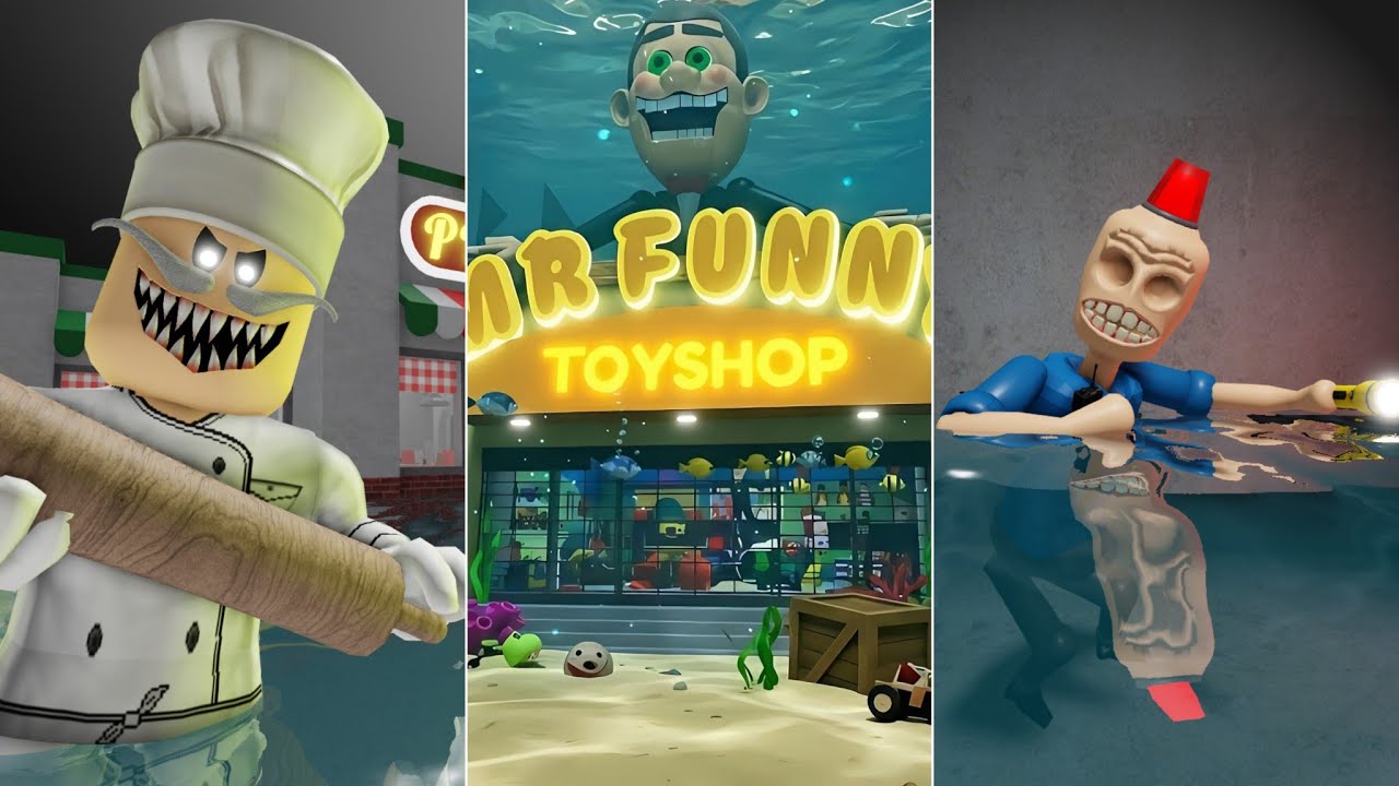 UNDERWATER PAPA'S PIZZERIA, UNDERWATER MR FUNNY TOYSHOP, UNDERWATER SIREN COP'S PRISON ROBLOX OBBY