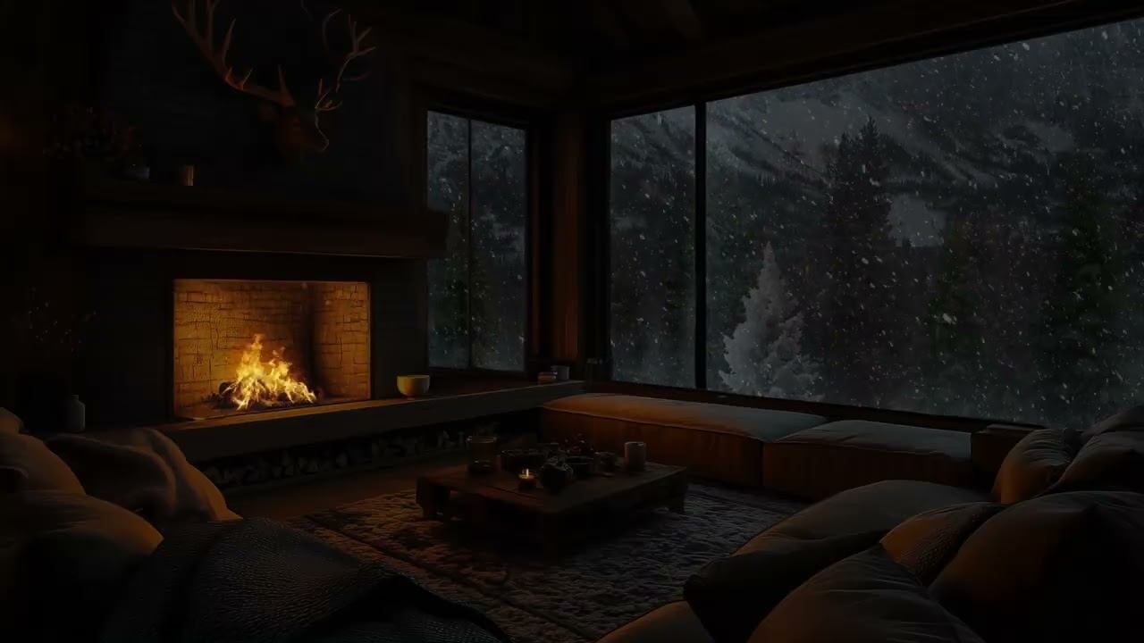 Cozy Winter Cabin Snowstorm Ambience with Soft Fireplace Crackling for Deep Sleep