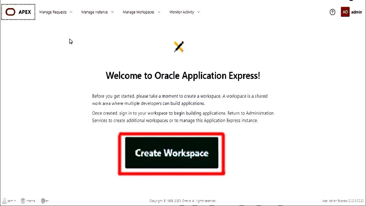 Oracle Apex 20.2 - Create Workspace in Oracle Apex 20.2