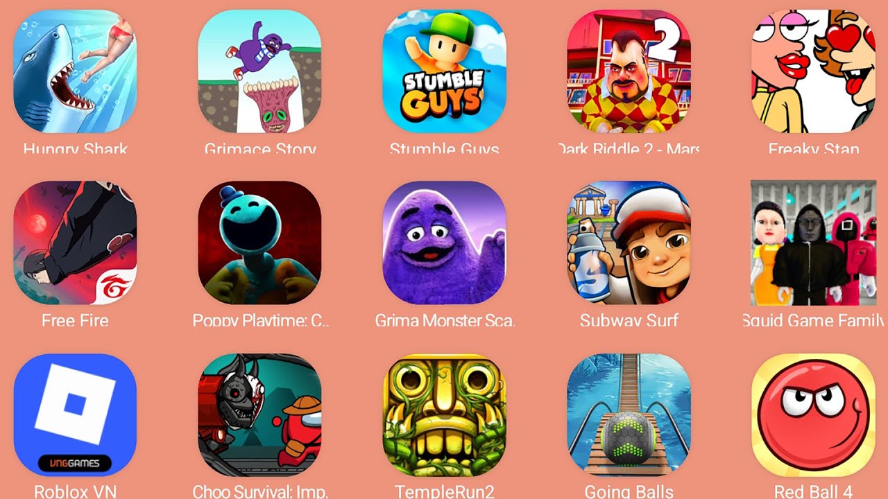 Grimace Monster Scary Survival,Dark Riddle 2,Poppy Playtime 4,Roblox,Free Fire,Squid Game Family