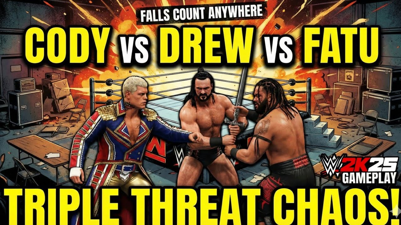 COMPLETE CHAOS! Cody Rhodes vs. Drew McIntyre vs. Jacob Fatu (Falls Count Anywhere) WWE 2K25 