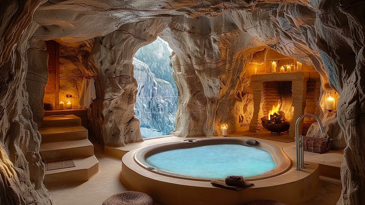 Relax in a hot tub in a winter cave wonderland 🌨️ Snowstorm | who do you want to be with here ?