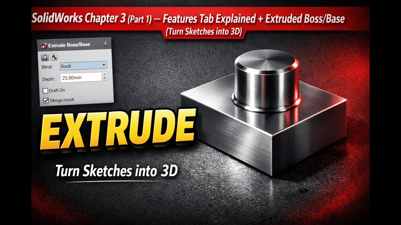 SolidWorks Chapter 3 (Part 1) — Features Tab Explained + Extruded Boss/Base (Turn Sketches into 3D)