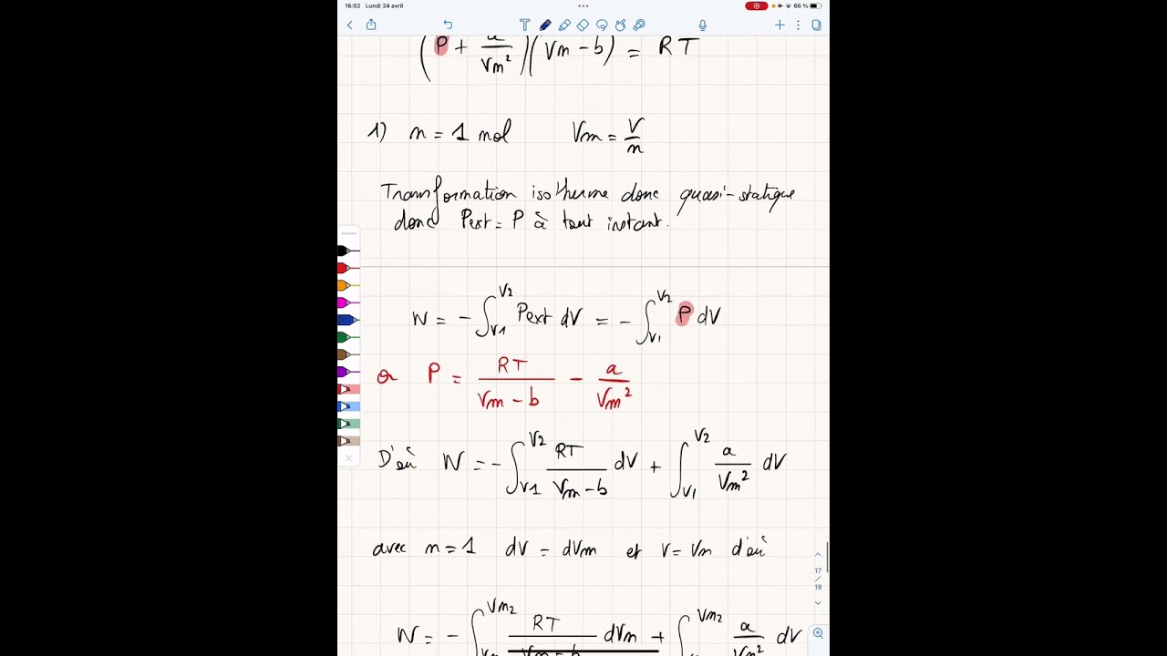Correction exercice de thermodynamique : calcul du travail des forces pressantes gaz réel (Ex 6)