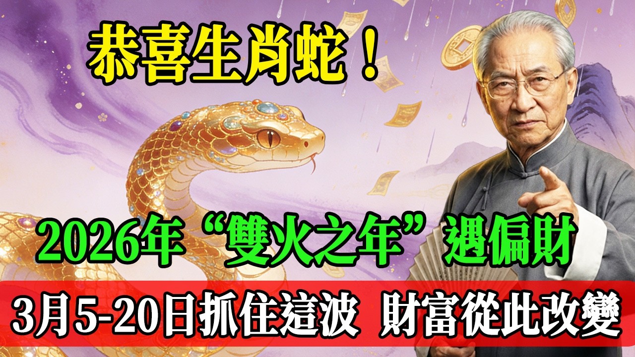 恭喜生肖蛇！2026年“雙火之年”遇偏財，3月5日-20日抓住這波橫財，財富格局從此改變！#南懷瑾  #國學 #易經 #開運 #招財#風水 #2026運勢#屬相 #生肖運勢#生肖命理
