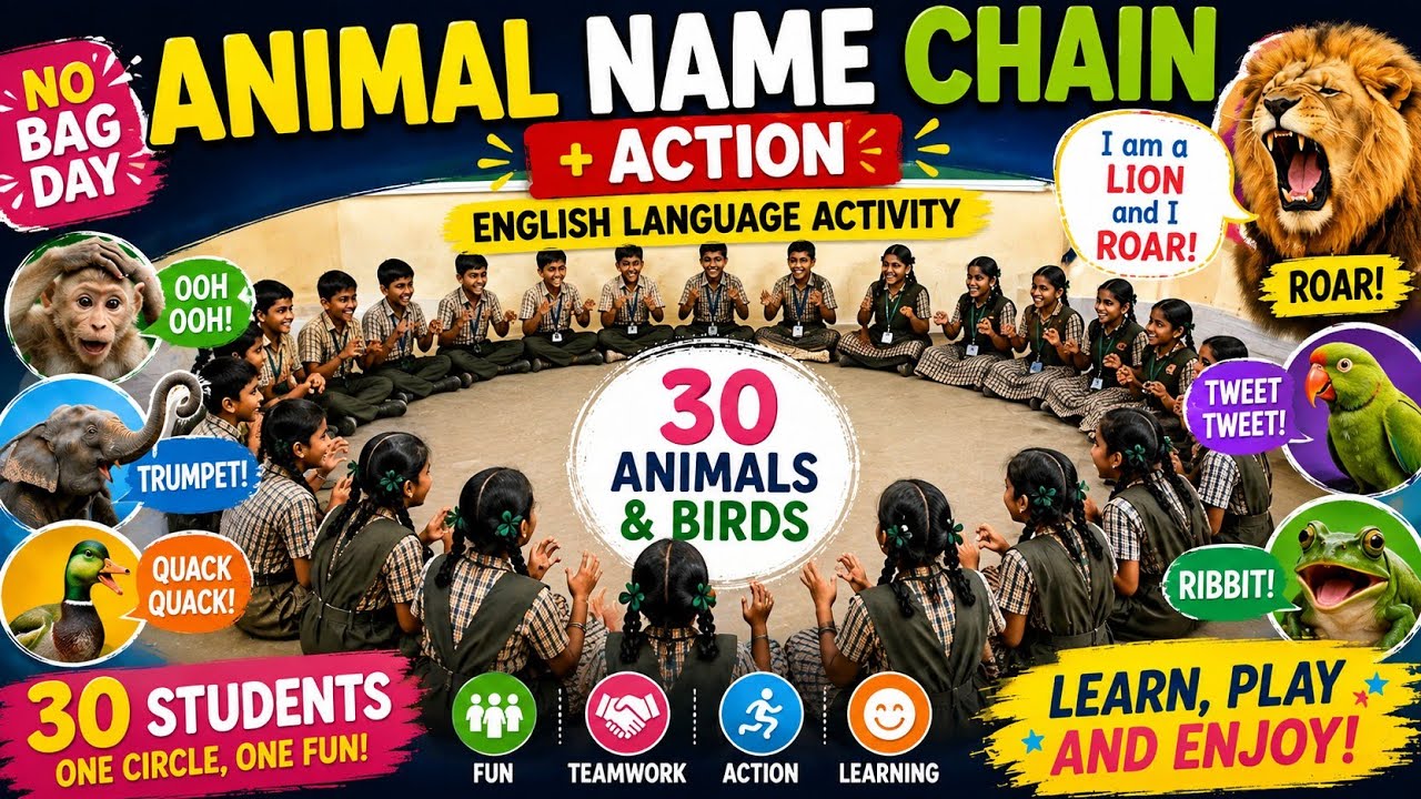30 Students, 30 Animals & Birds! | No Bag Day English Activity | Animal Name Chain