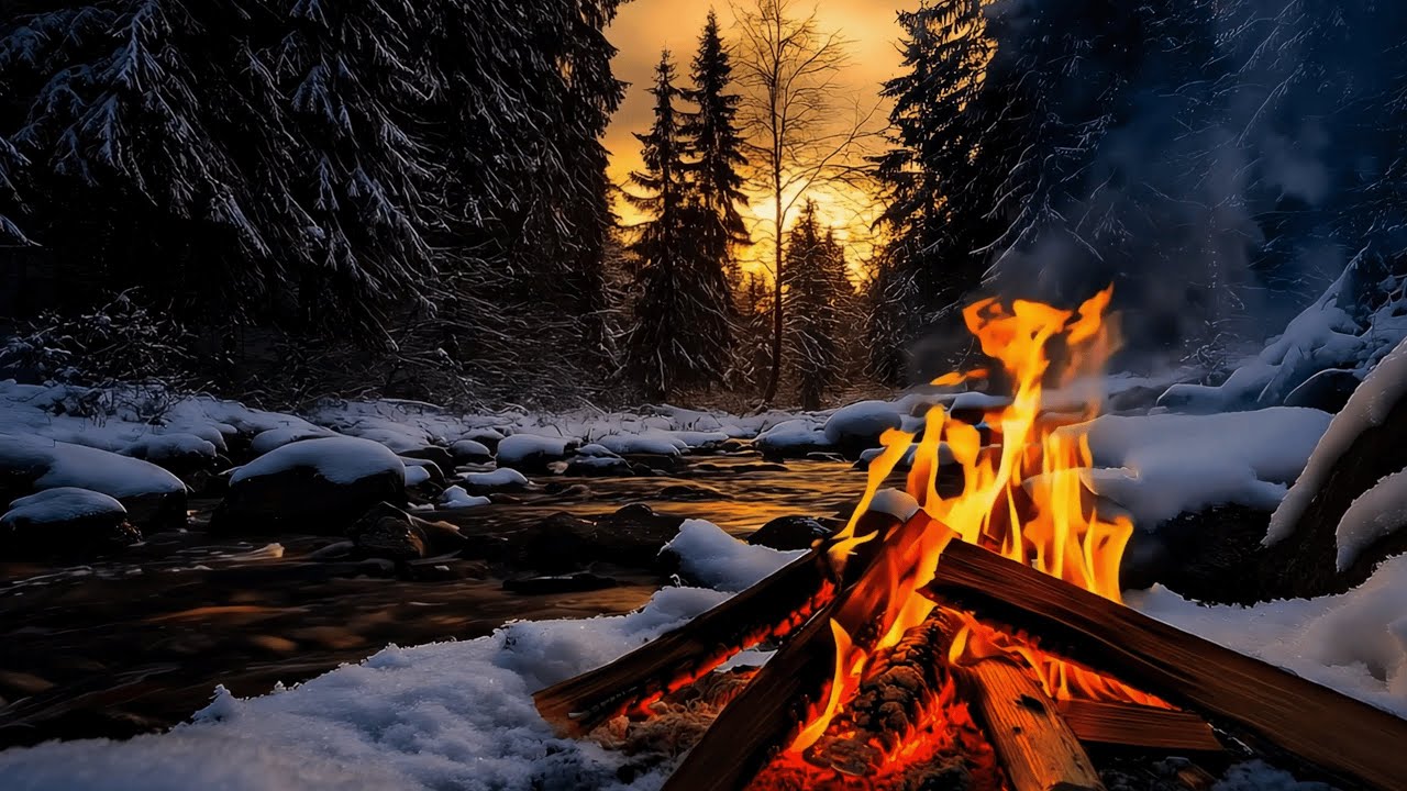 Cozy Winter Hideaway ❄️🔥 Campfire by the River in a Quiet Forest | 4K ASMR