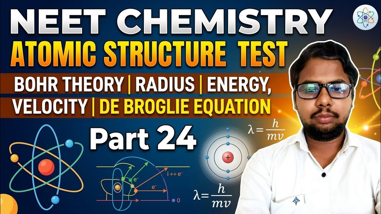 24,NEET CHEMISTRY ATOMIC STRUCTURE TEST,BOHR THEORY,RADIUS,ENERGY,VELOCITY,DE BROGLIE EQUATION