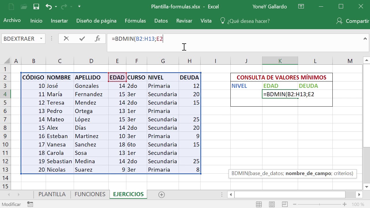 Función BDMIN en Excel