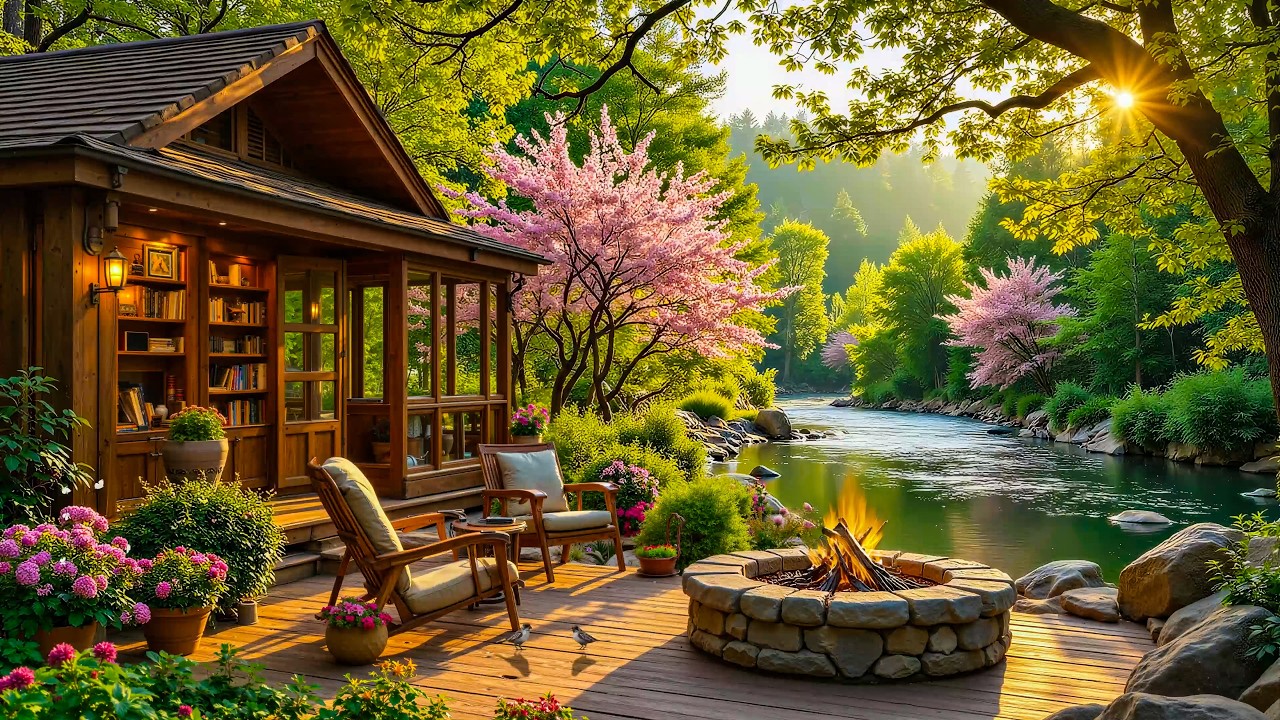 Cozy Lakeside Cabin in Spring Ambience 🌷🎹 Smooth Piano, Warm Fire & Sound of Nature for Deep Sleep