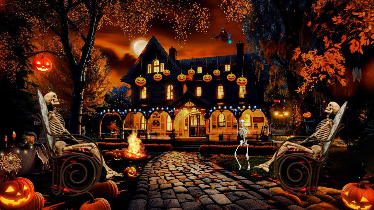 Cozy Autumn Porch Halloween Ambience 🍂 with Spooky Halloween Background Music 🎃