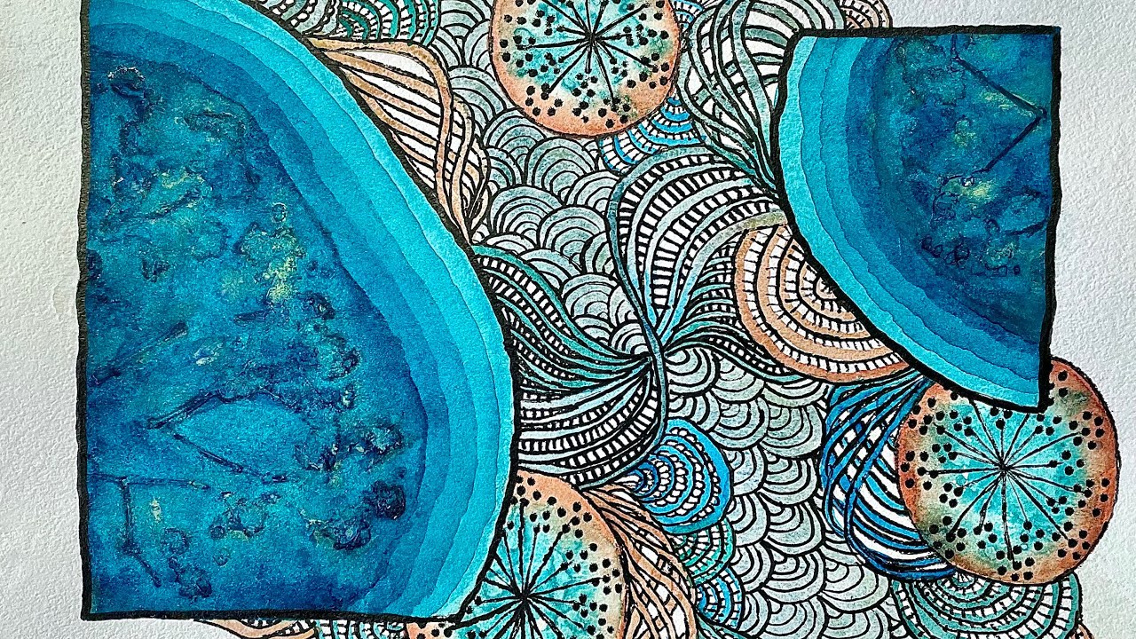 Abstract watercolor line and wash, w/ flower imprints and doodles💙 Doodle/paint along, written guide
