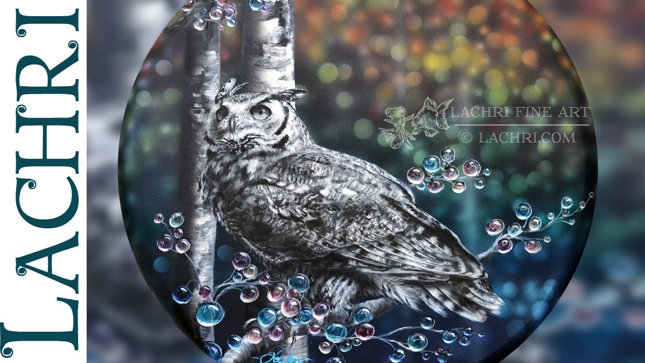 Great horned owl and rainbow trees in acrylic demonstration w/ Lachri