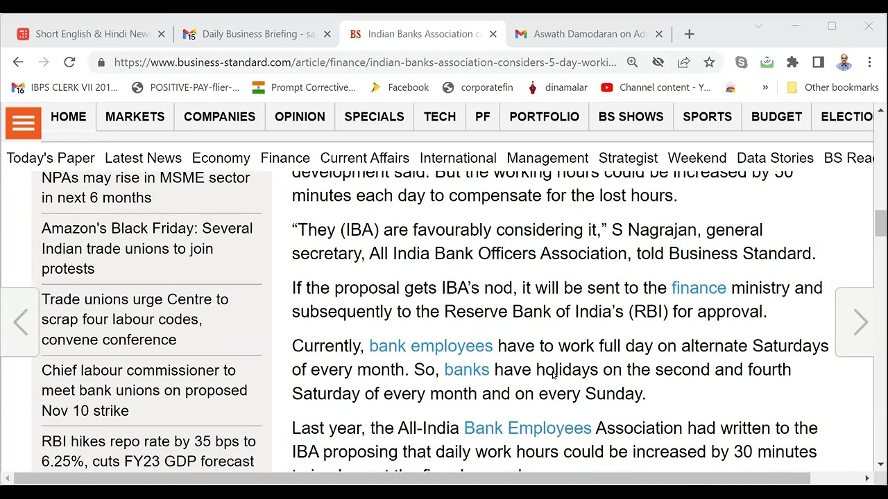 5 DAY WEEK FOR BANKS --IBA IS CONSIDERING FAVOURABLY --AIBOA SECY.