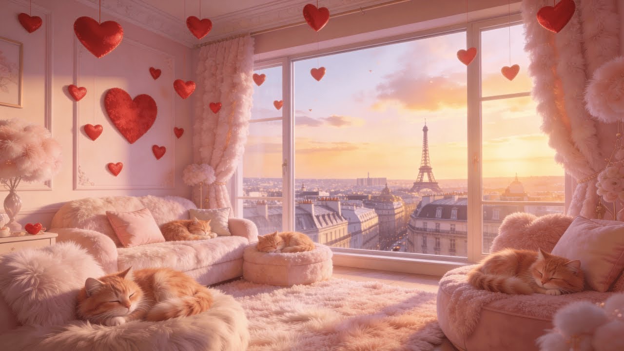 Romantic Pink Paris Ambience 💖 Purring Cats & City View | 2 Hours for Valentine's Day