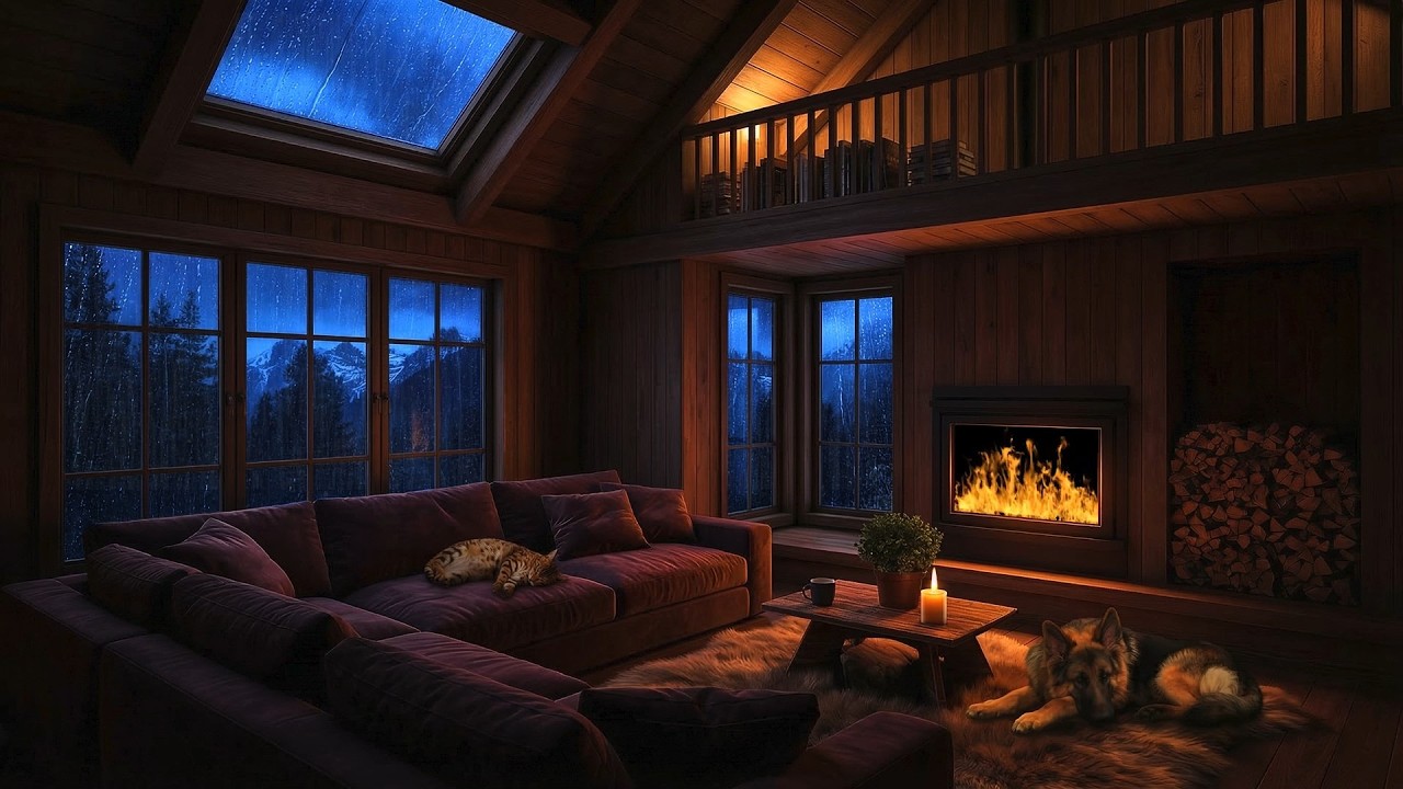 Rainy Night in a Warm Mountain Cabin 🔥 Fireplace Ambience for Sleep & Relax