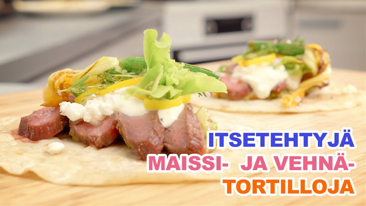 Tehdään itse maissi- ja venhätortilloja / tacoja grillatun lihan ja guacamolen kanssa.
