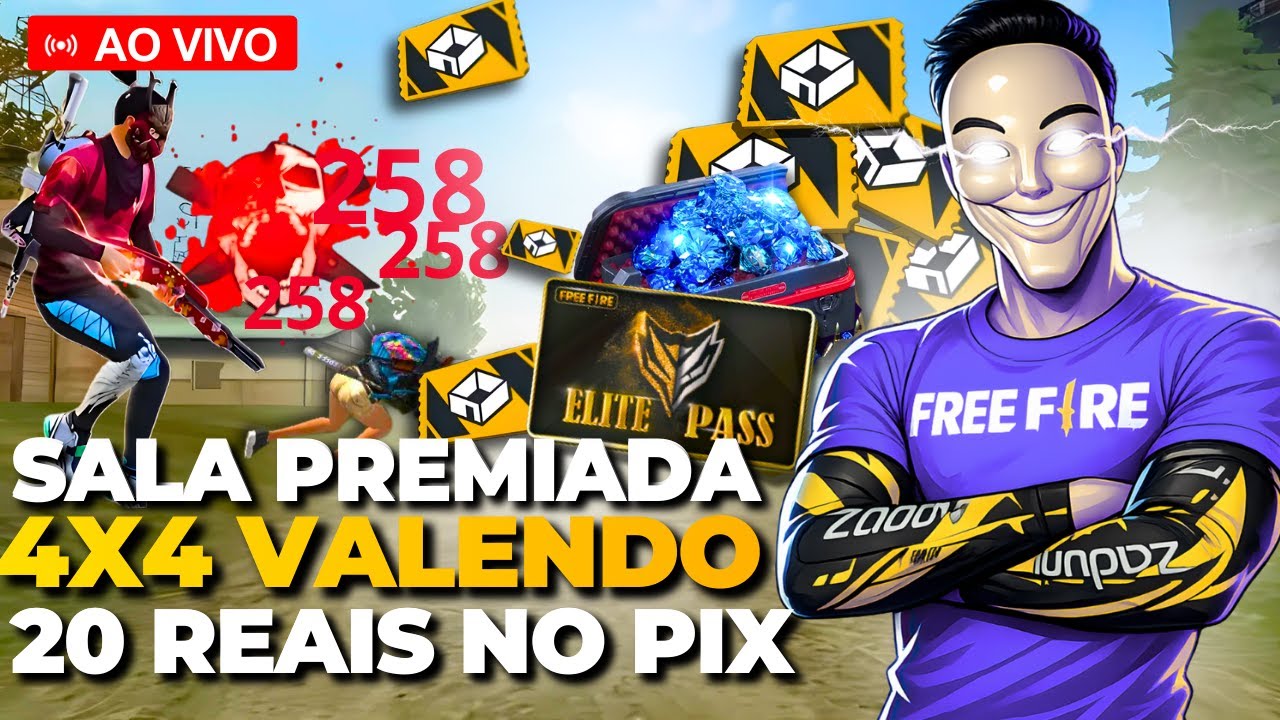 💜 SALA PREMIADA 4X4 VALENDO 20  REAIS NO PIX 💜 FREE FIRE AO VIVO 💜 JOGANDO COM INSCRITOS