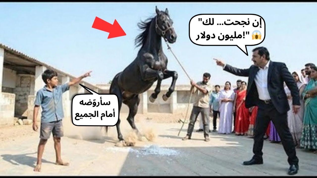 قال الطفل الفقير: أستطيع ترويض هذا الحصان الهائج… فصرخ المليونير: إن نجحت فلك 10 ملايين! 😱🐎