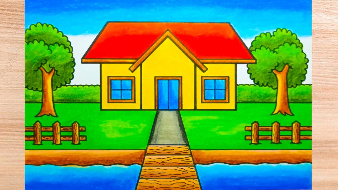 How to Draw a Simple and Beautiful House with a Bridge | Easy and Colorful Village House Drawing
