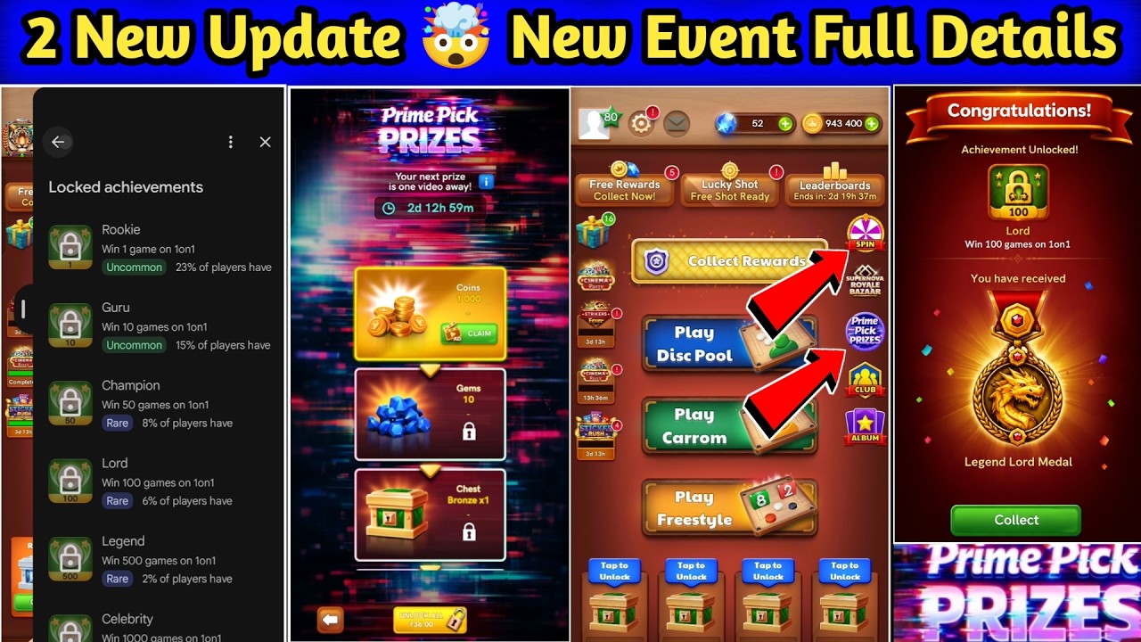 Carrom Pool 2 New Update 🤯 ll Prime Pick Prizes New Event Full Details Don't Miss 🔥
