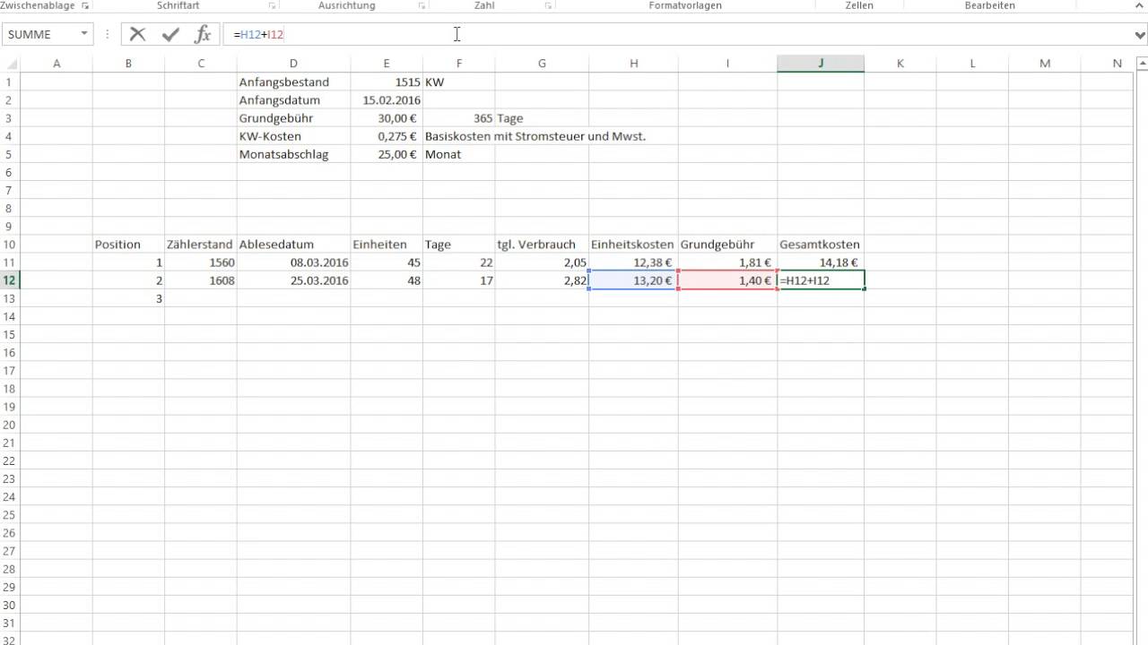 Überblick über Ihre Stromkosten - Microsoft Excel