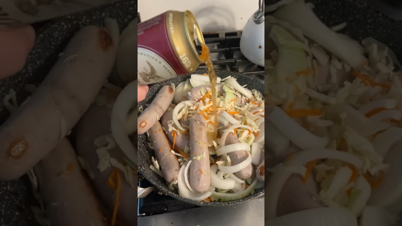 Easy bratwurst recipe! Bratwurst and beer with cabbage and onions