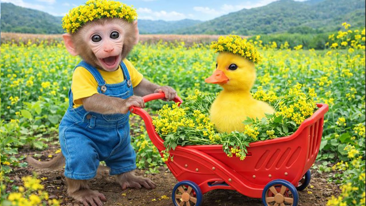 Smart little monkey Bim Bim and his little brother go harvesting vegetables