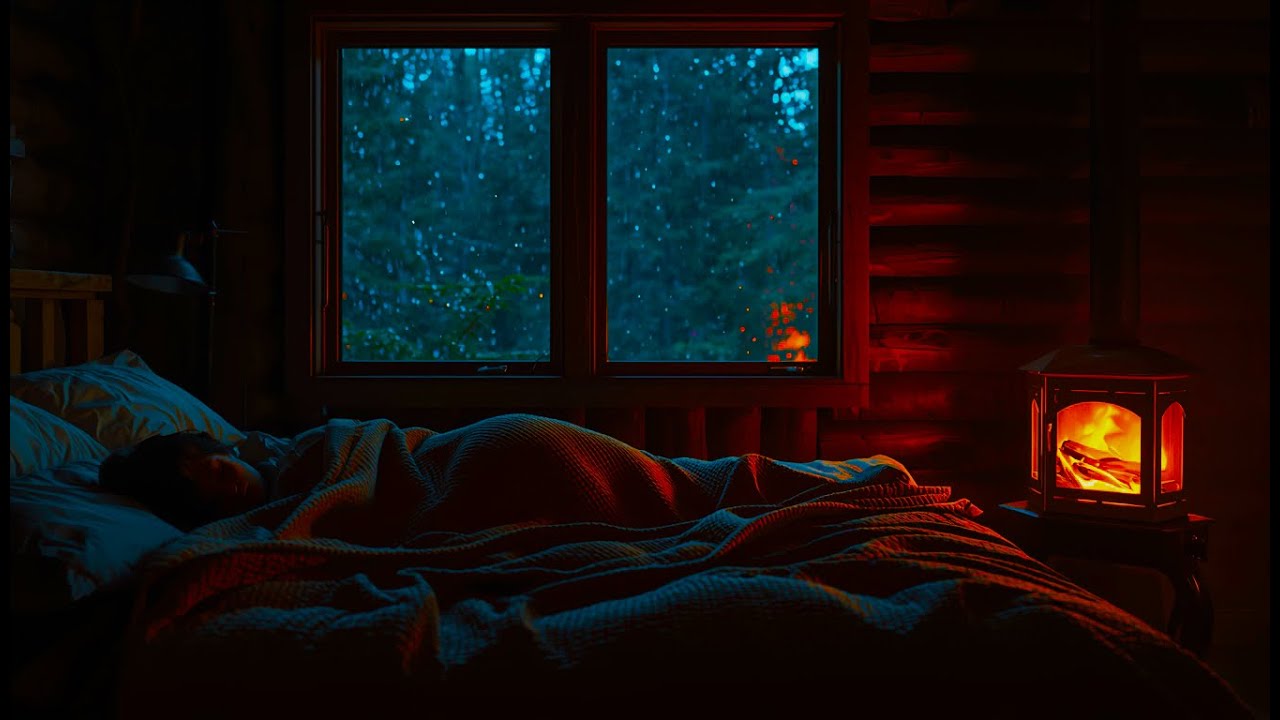 Heavy Rain on Window with Fireplace Sounds for Deep Sleep | Cozy Cabin Bedroom Ambience - 4K