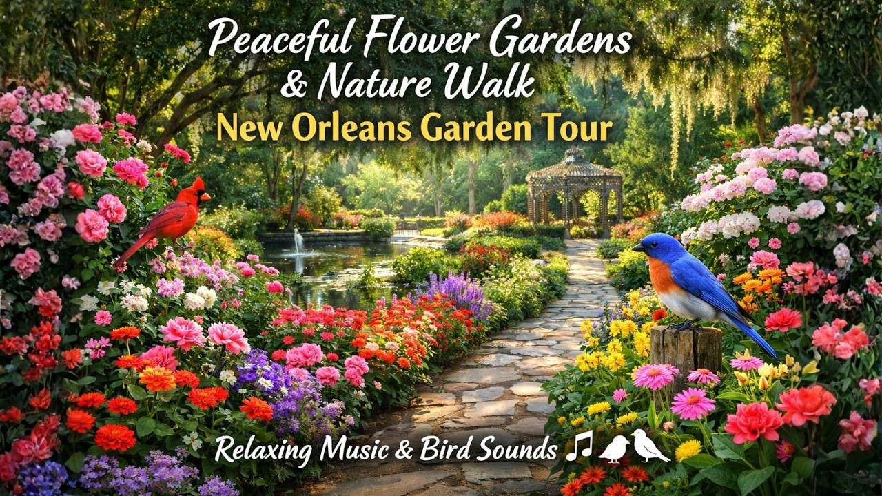Peaceful Flower Gardens & Nature Walk | New Orleans Garden Tour | Relaxing Music & Bird Sounds