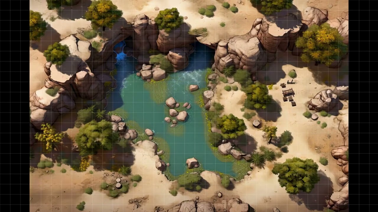 DnD compatible animated map _ Desert Oasis with Waterfall _ square grid ambience for VTT