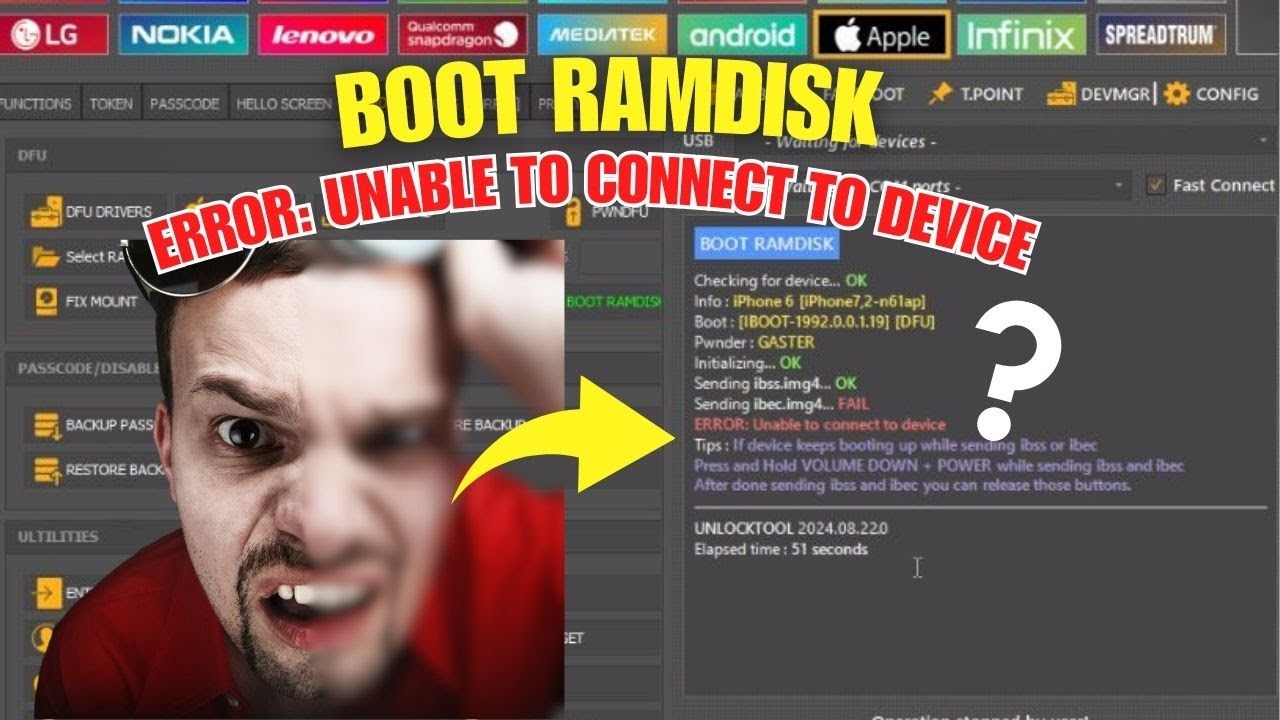 BOOT RAMDISK ERROR SOLUTION (ERROR : Unable to connect to device) by Unlock Tool