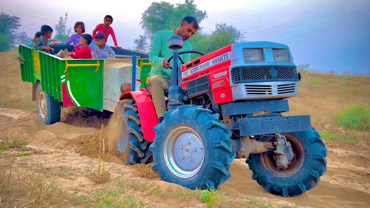 Mini Tractor VST Shakti VT 224 1D Ajai 4Wd Tractor Badly Stuck in Trolley Loaded with Soil