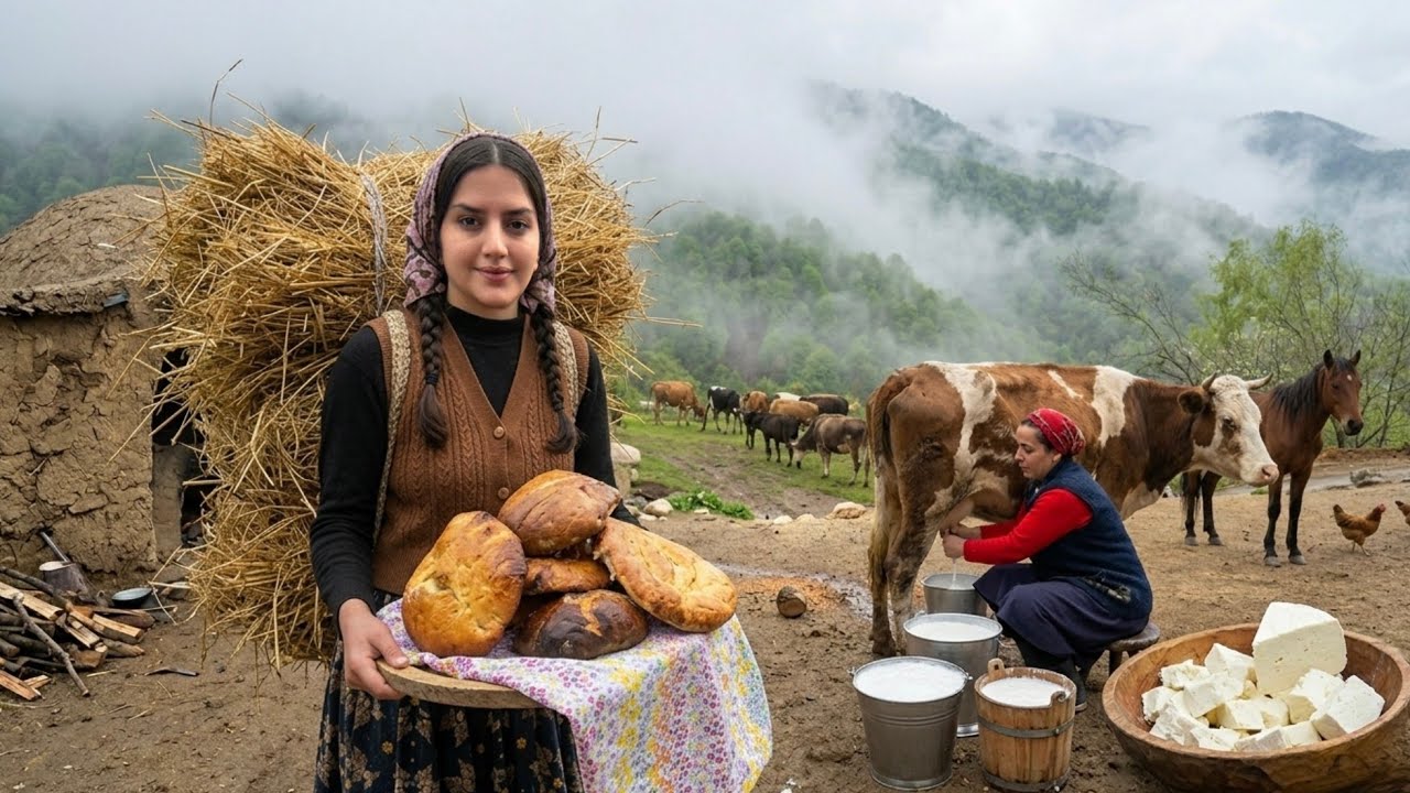 Village life in IRAN; making cheese and cheese bread