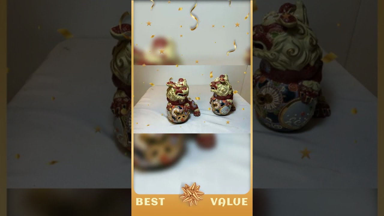 USED Pair Japanese Kutani Porcelain Figurine Shisa Guardian Lion Foo Dog Japan Vintage
