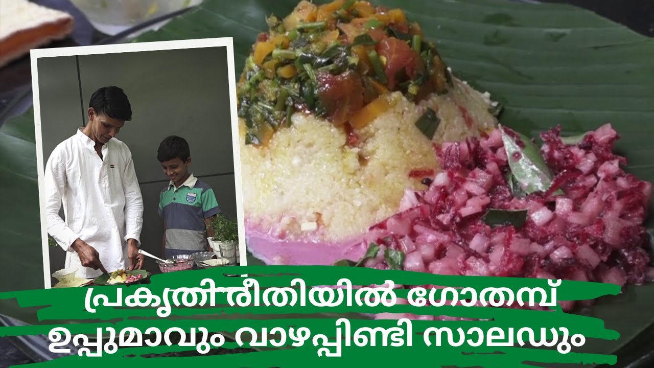 പ്രകൃതി രീതിയിൽ ഗോതമ്പ് ഉപ്പുമാവും വാഴപ്പിണ്ടി സാലഡും - Vegan Breakfast - Upma & Banana Stem Salad