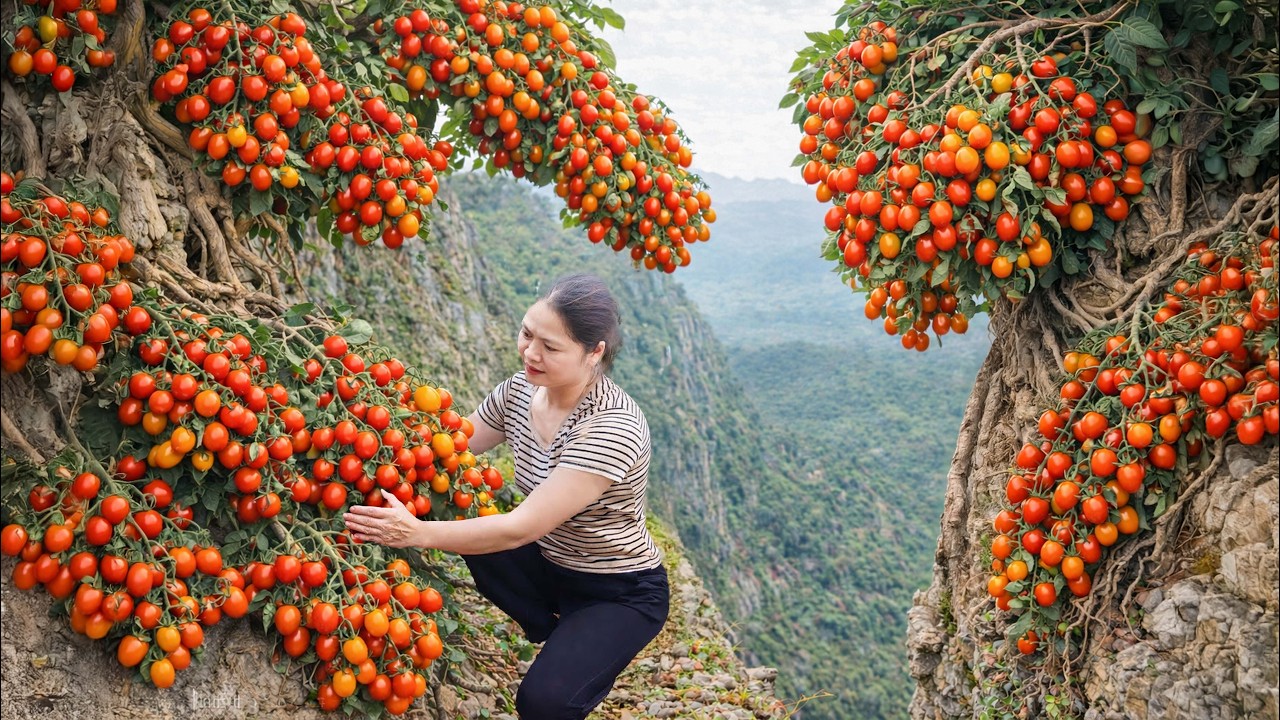 Harvesting Cherry Tomatoes | Traditional Village Salad With Coconut Beetle Larvae