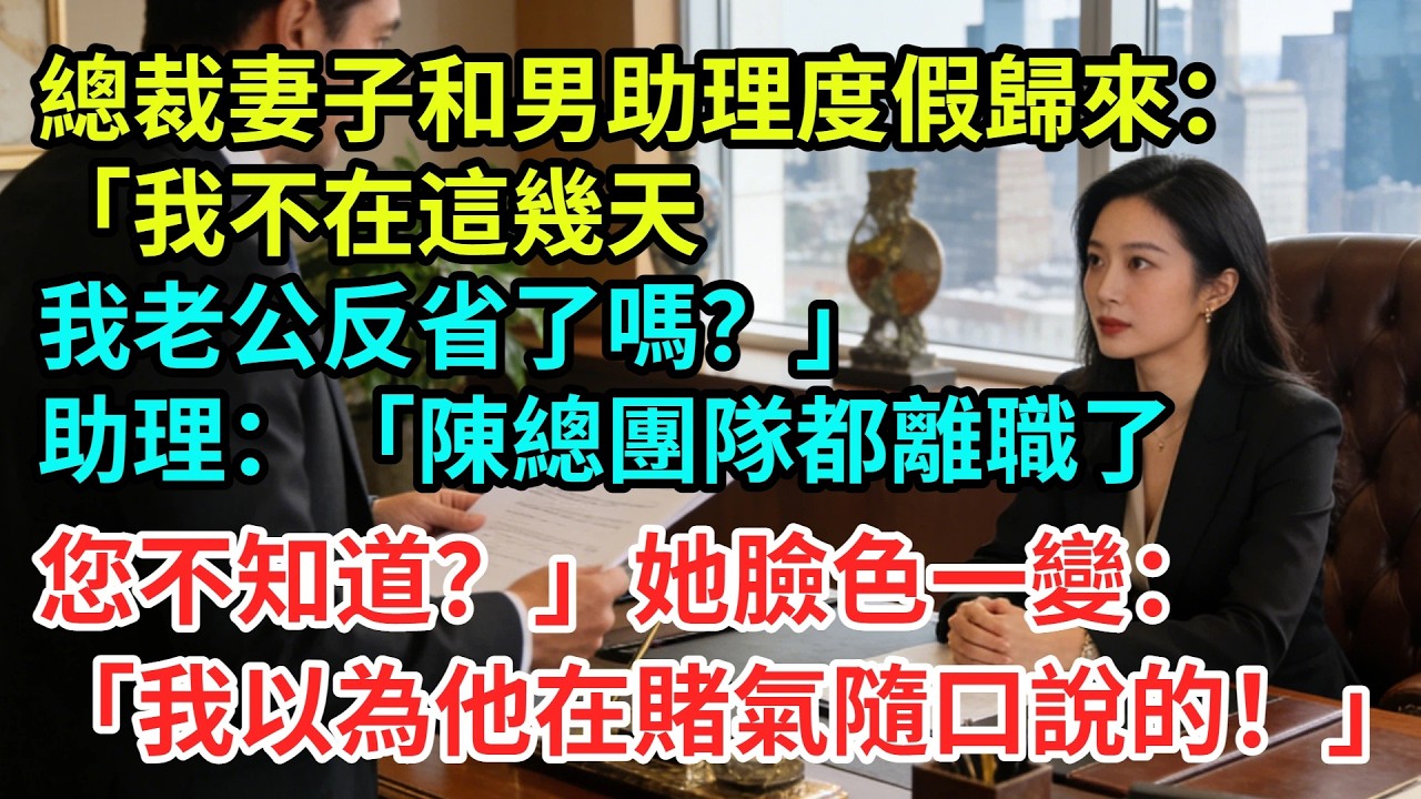 總裁妻子和男助理度假歸來：「我不在這幾天，我老公反省了嗎？」助理：「陳總團隊都離職了，您不知道？」她臉色一變：「我以為他在賭氣隨口說的！」【夜半心聲】#男頻小說#都市#故事#小說#爽文