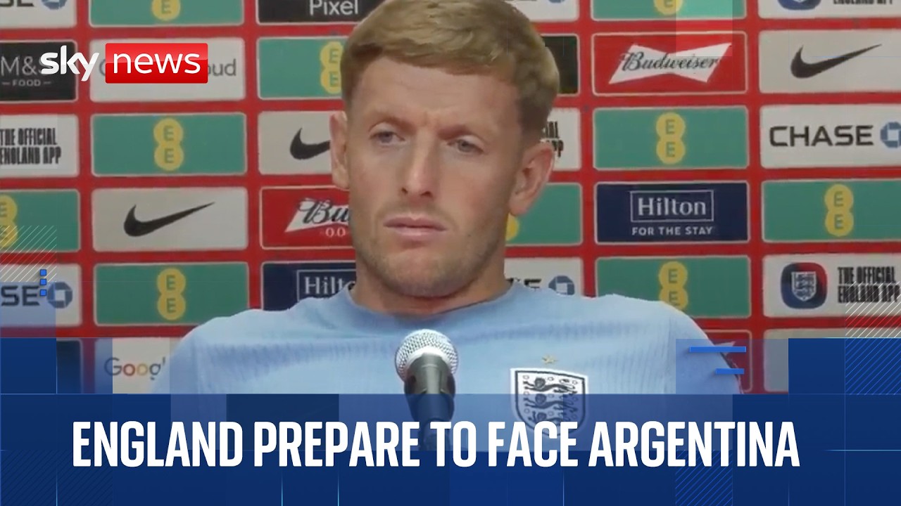 Jordan Pickford speaks at a news conference as England prepare to face Argentina in the World Cup