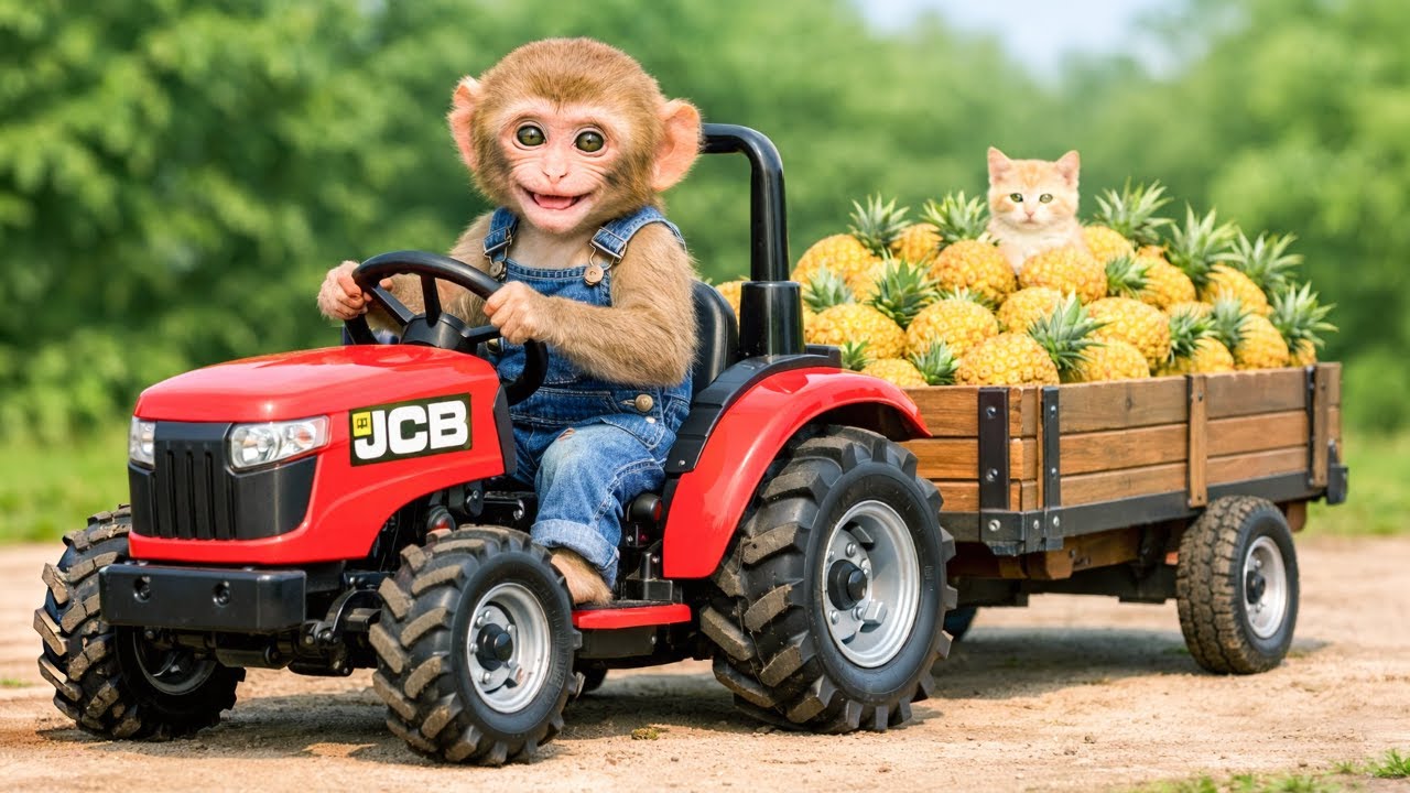 Monkey Farm Tractor Harvests Pineapples After Saving a Kitten! - Monkey Farm Work | MyNi Monkey Farm