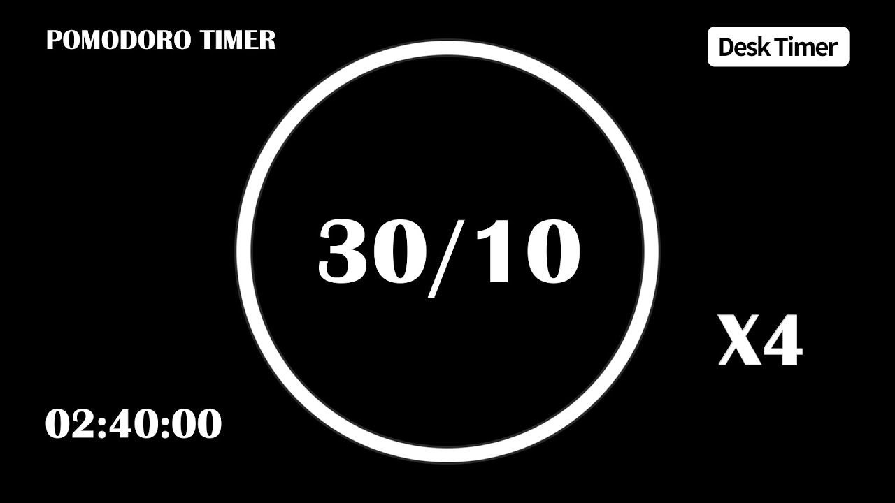 30/10 Pomodoro Timer (No Music) | 4 X 30min | 2:40:00 Timer