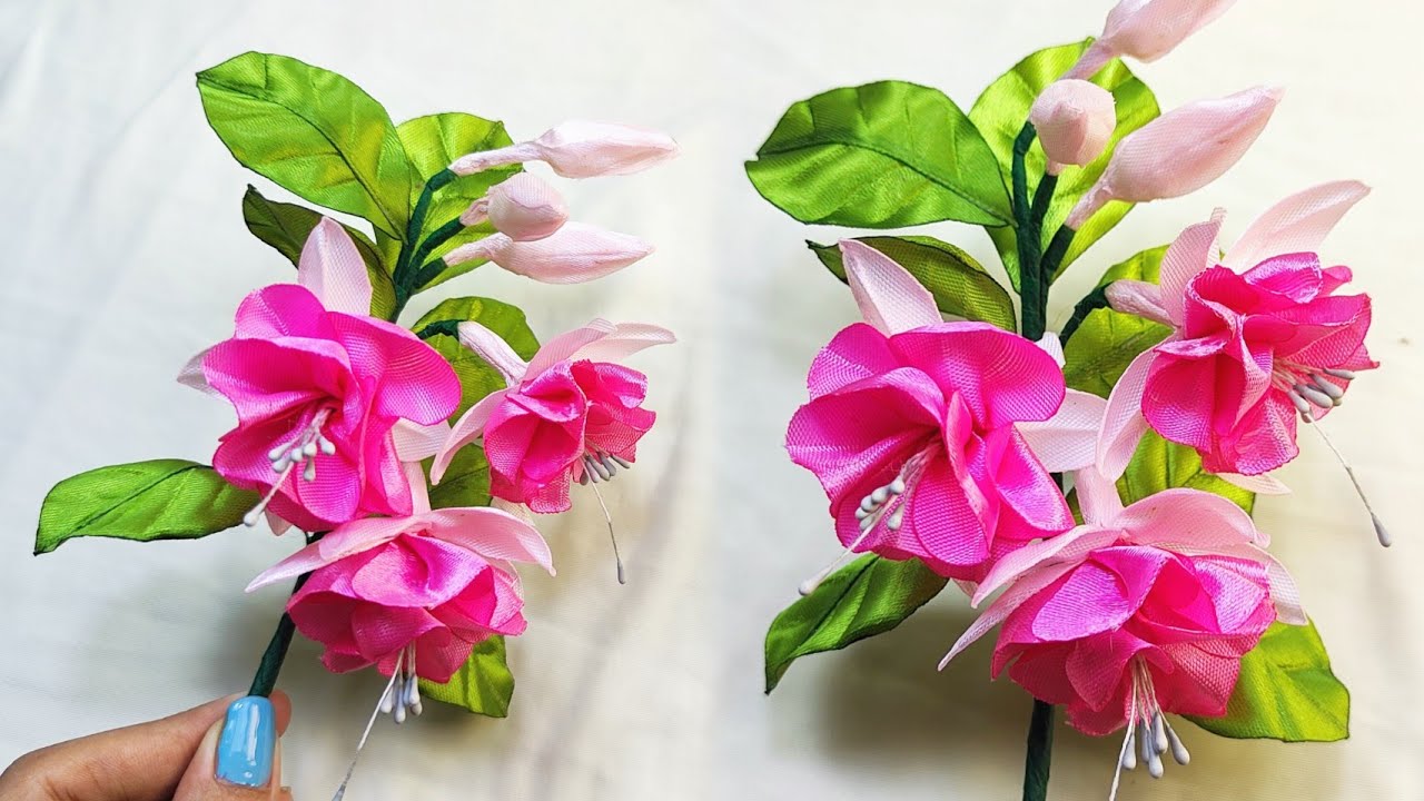 DIY ribbon flowers/how to make fuchsia flowers with satin ribbon/flower making tutorial