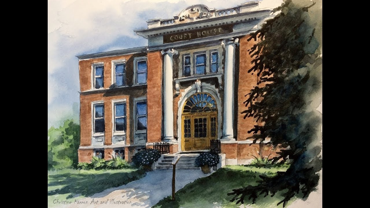 Court House watercolor and ink pen EXTENDED slow version painting drawing demo