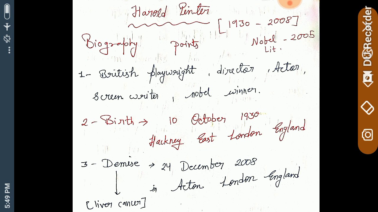 Harold Pinter Biography important notes