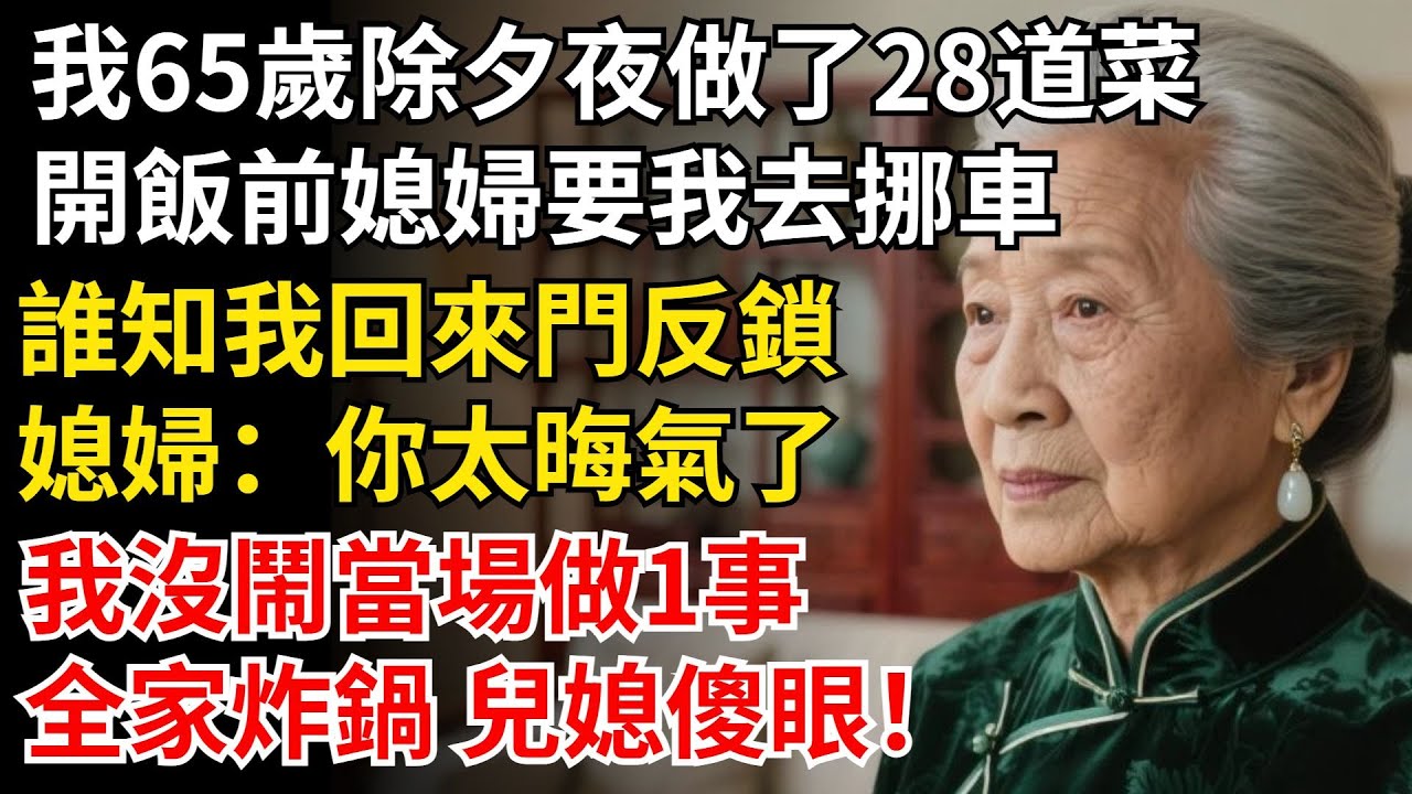 我65歲除夕夜做了28道菜，開飯前媳婦要我去挪車，誰知我回來時門被反鎖，媳婦：我們團聚你太晦氣，我沒鬧當場做1事，全家炸鍋 兒媳傻眼！#晚年生活#中老年生活#為人處世#生活經驗#情感故事#幸福人生