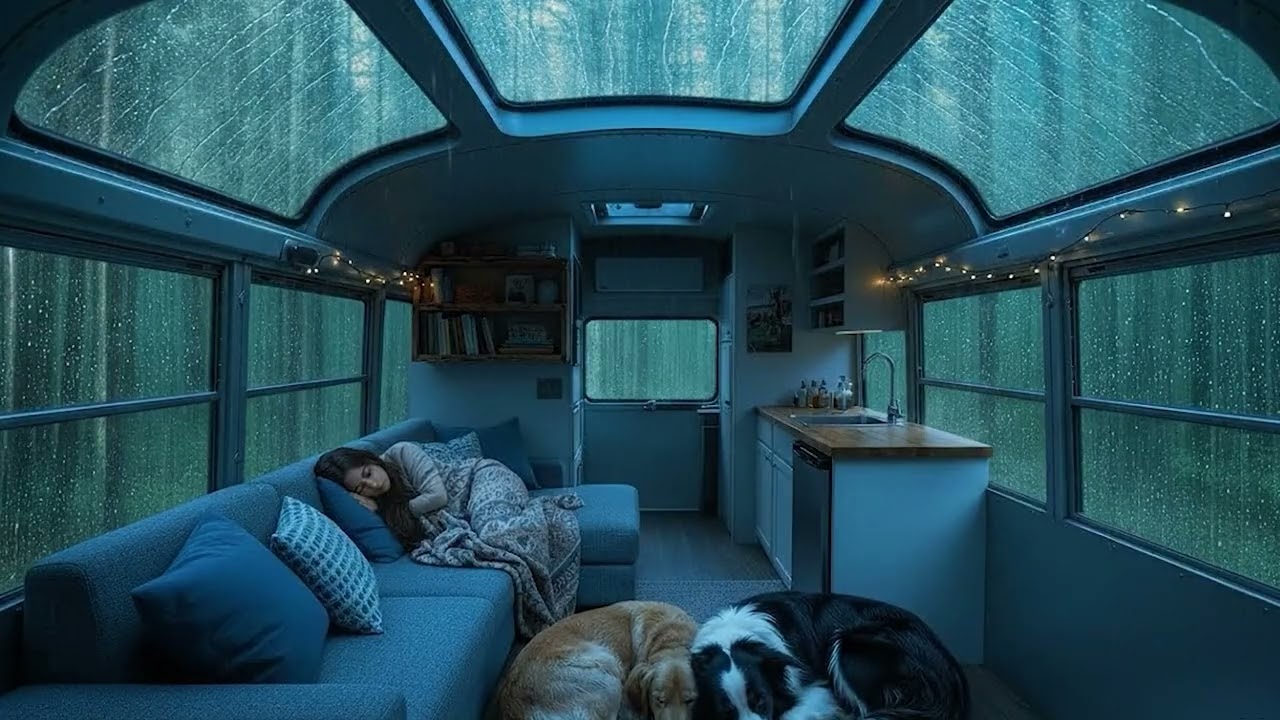 Cozy Rainy Night in a Forest Bus 🌧️ Relaxing Rain Ambience with Sleeping Dogs 🐾