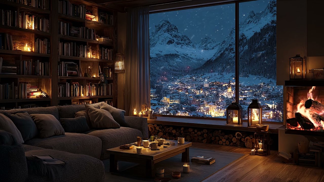 Snowy Wind Outside the Cabin | Warm Fireplace Crackling Sounds for Calm Nights