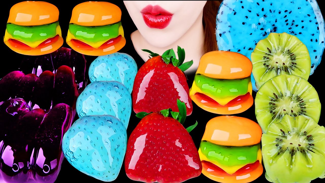 ASMR HAMBURGER JELLY TANGHULU, GIANT BLUE STRAWBERRY, BLACK SAPPHIRE GRAPE EATING SOUNDS MUKBANG